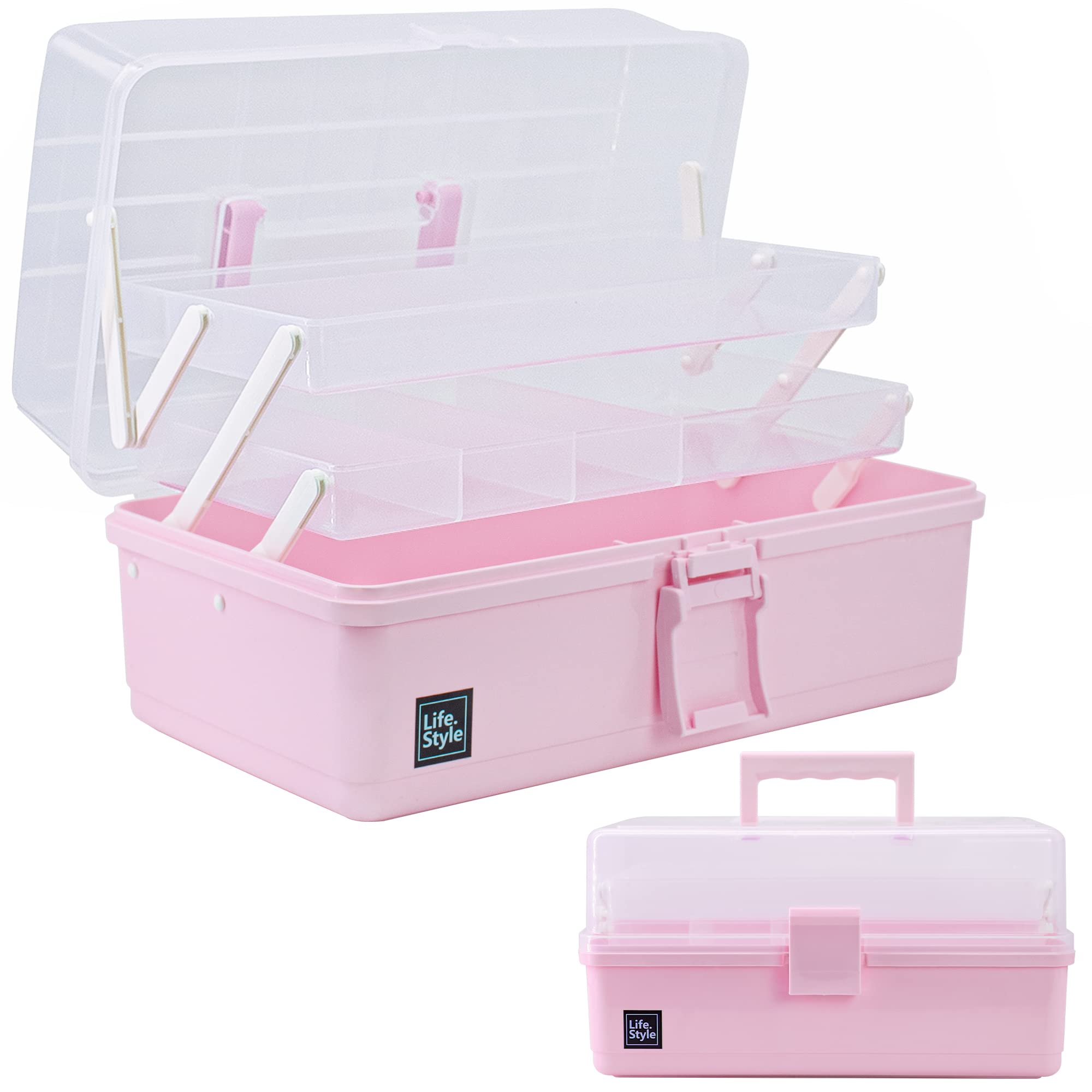 Photo 1 of Creahaus 13 inch Art Craft Organizer Storage Box with 3 Layer, Multipurpose Plastic Tool Box with Handle for Sewing, Art Supply, Medicine, Nail, Hair Accessories (Pink)