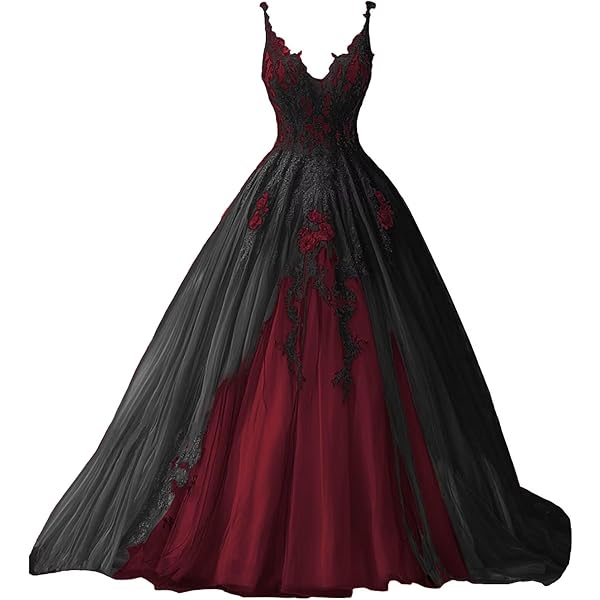 Gothic Ball Gown Wedding Prom Dresses Spaghetti Straps Black Tulle Burgundy  2 at Amazon Women's Clothing store