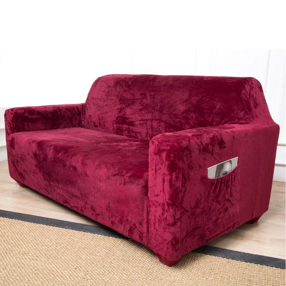 ACOMOPACK Velvet Sofa Cover Stretch Couch Cover for 2 Cushion Couch Cover Sofa Slipcover with Plastic Tuckers and Side Pocket for Living Room Furniture Protector for Dogs(Loveseat, Wine red)