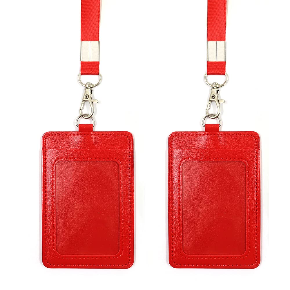 Leather ID Badge Holder Vertical, pu Leather id Badge Card Holder Wallet with 22 Inch Detachable Neck Nylon Lanyard for Office, School, Driver Licence (2 Red) — image 1
