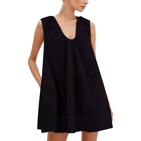 MASKAZU Women's Cute Summer Tie Beach Short Puff Sleeve Cotton Mini Dress  Black0610 XS at Amazon Women's Clothing store