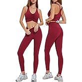 Women's 2 Piece Workout Set Ruched Longline Sports Bra & High Waisted Leggings with Pocket Removable Pads Yoga Pilates Outfit