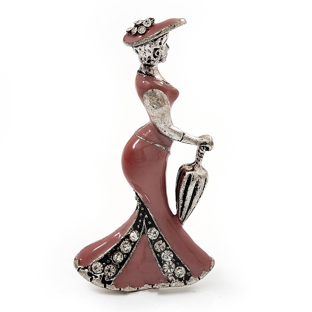 'Lady With Umbrella' Enamel Brooch In Burn Silver Metal