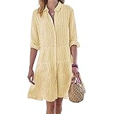 utcoco Womens Striped Button Down Midi Shirt Dress Casual Loose Cuffed Long Sleeve Mid Long Dresses