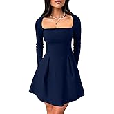 YMDUCH Women's Sexy Long Sleeve Square Neck Adjustable Straps Bow Tie A-line Mini Party Club Dress