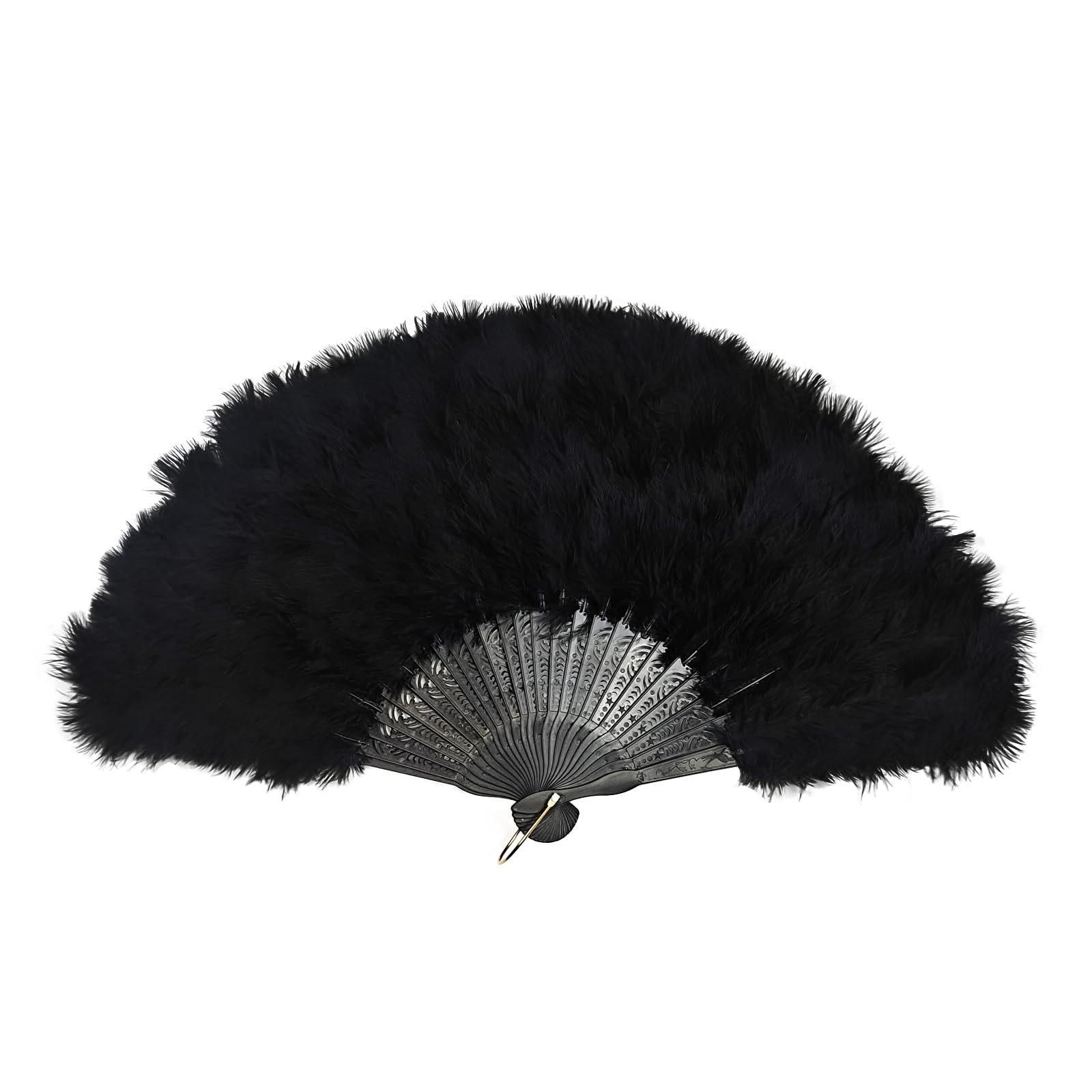 MultiValue Feather Folding Hand Fan 45cm, Vintage Chinese Hand Fan With Soft Fluffy Feathers - Perfect for Women's Dance Performance, Party Decor (Black)