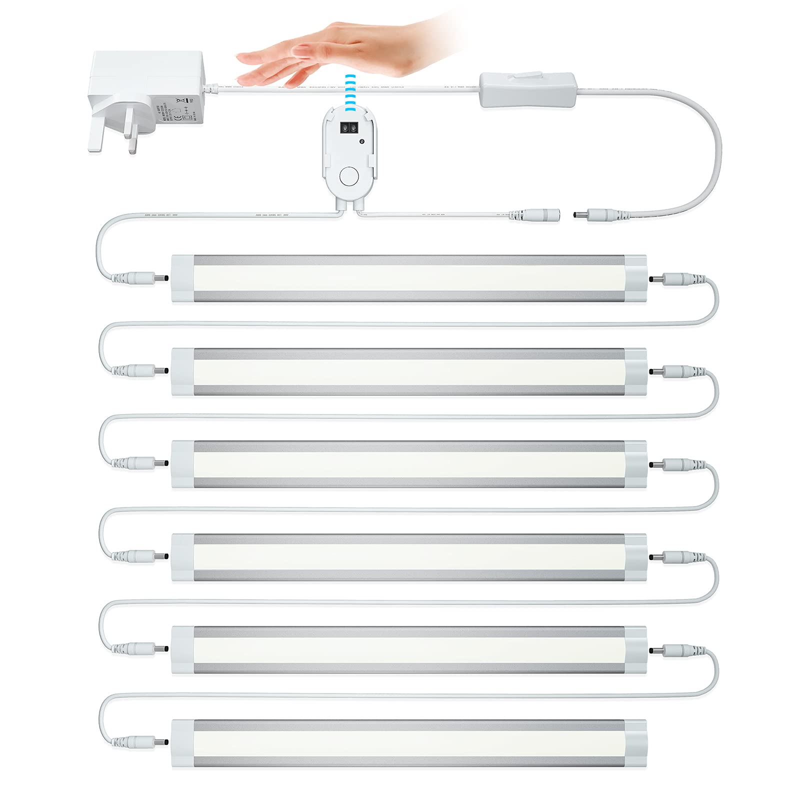 LAMPAOUS Motion Sensor LED Under Cabinet Lights Indoor, Dimmable Cool White Daylight Hand Wave LED Light Bar with 12V DC UK Plug,Supber Bright 1920LM Linkable Kitchen Lights for Under Units, 6 Pack