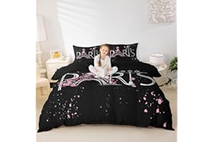 Feelyou Eiffel Tower Duvet Cover Chic Paris Bedding Set Romantic Theme Comforter Cover for Boys Girls Teens Black Pink Bedroom Decor Modern French Style Bedspread Queen Size with 2 Pillow Case