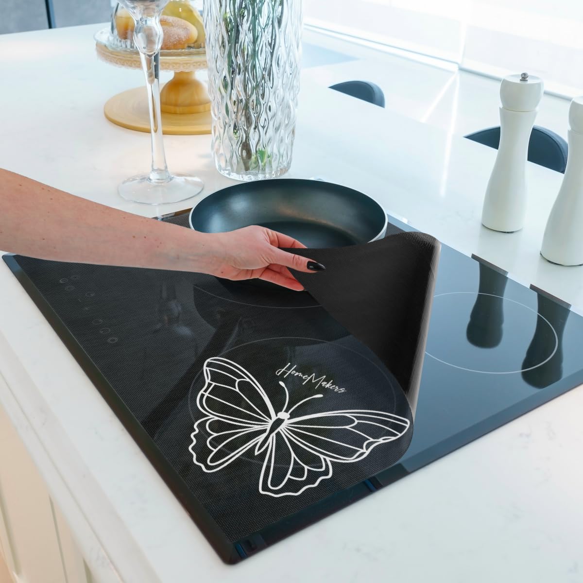 HomeMakers Translucent Induction Hob Protector Mat with Cooking Function | Large 61x53cm | Scratch and Spill Heat-Resistant Silicone Cover | Non-Slip Surface | Easy-to-Clean Kitchen Mat(Butterfly)