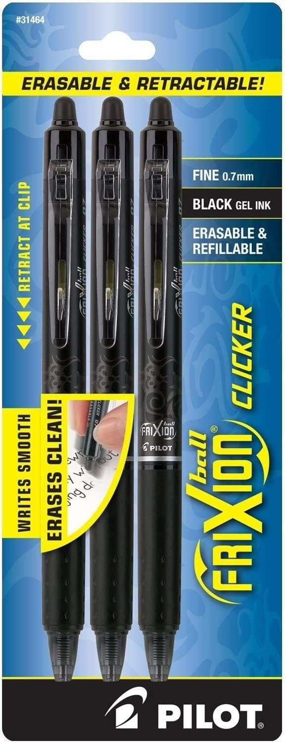 PILOT FriXion Clicker Erasable, Refillable & Retractable Gel Ink Pens, Fine Point, Black Ink, 3-Pack (31464): Office Products