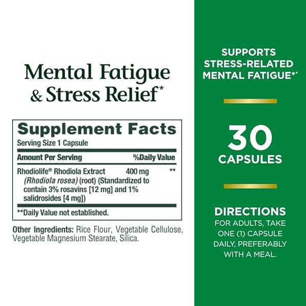 NATURE’S BOUNTY MENTAL FATIGUE AND STRESS RELIEF, RHODIOLA SUPPLEMENT, 400 MG, CAPSULES, 30 COUNT