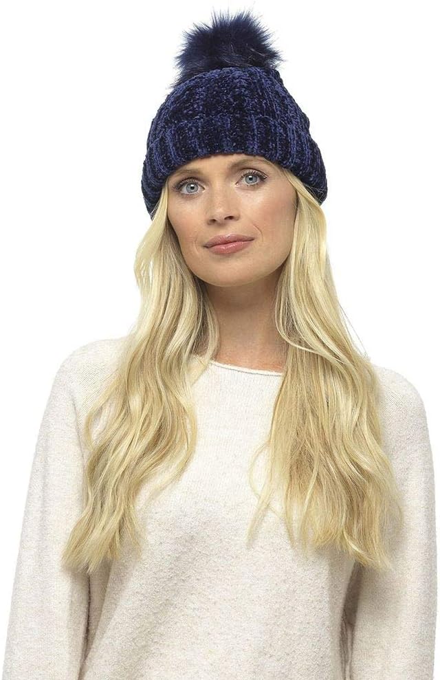 Ladies Foxbury Chenille Beanie Hat with Faux Fur Bobble GL579 Pink, Navy or Off White