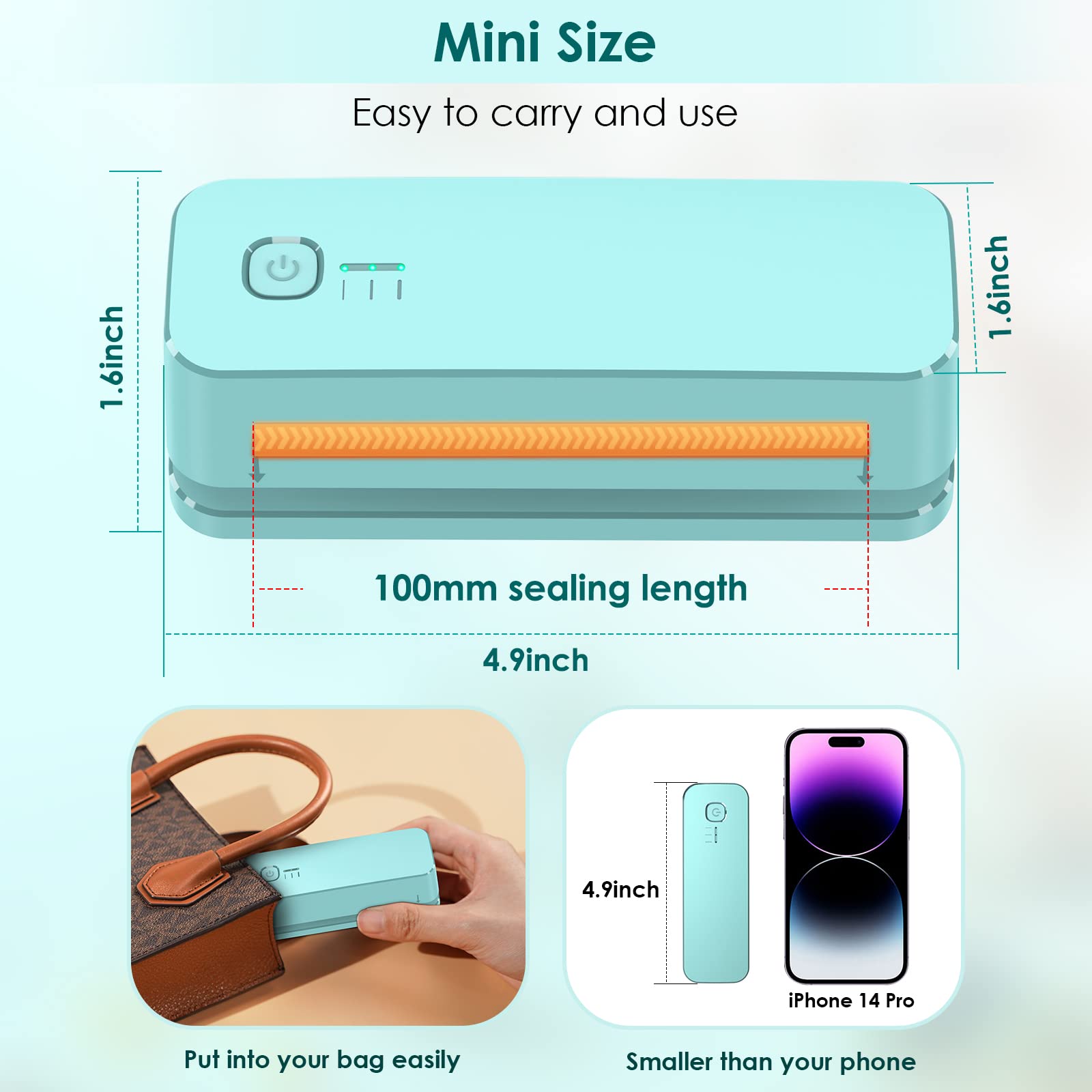 FEPPO Bag Sealer, Mini Bag Sealer 3000mAh Rechargeable Quick Heat Sealer with 3 Sealing Gear & 3.93