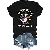 Spooky Goose On The Loose Shirt for Women, Funny Halloween Goose T-Shirt | Playful witch goose, pumpkin and bats stand out on a soft, breathable cotton tee for Halloween parties and fall outings