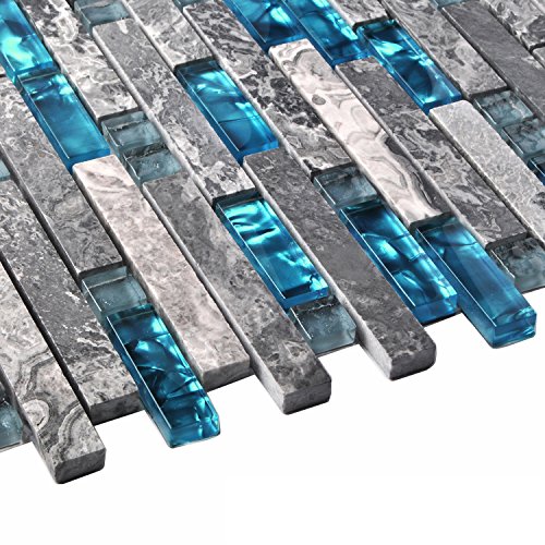 Home Building Glass Tile Kitchen Backsplash Idea Bath Shower Wall Decor Teal Blue Gray Wave Marble Interlocking Pattern Art Mosaics TSTMGT002 (10 Square Feet)
