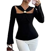 GORGLITTER Women's Twist Front Old Money Tops Metal Cut Out Long Sleeve T Shirts Fitted Going Out Top 2025