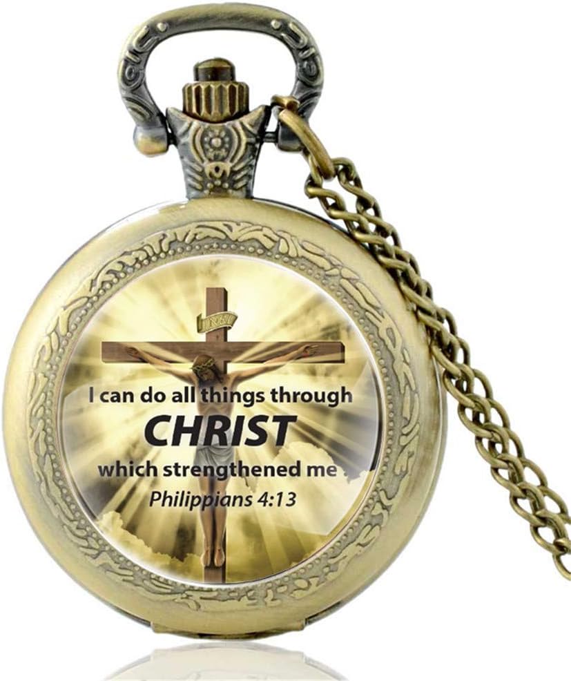 I Can Do All Things Through Christ Bible Verses Cross Quartz Pocket Watch Vintage Men Christian Faith Pendant Necklace Watches Bronze