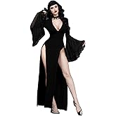 GothDark Womens Gothic Dress Black V Neck Mesh Bell Sleeve Lace Trim High Slit Sexy Witchy Halloween Cosplay Long Dresses