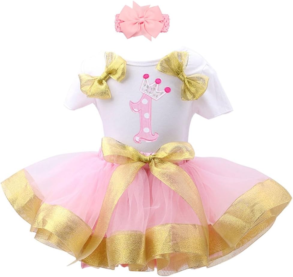 Baby Girls' 1st Birthday Outfit 3PCS Birthday Baby Girls Bodysuit Tutu Skirt Set Birthday Gift (M, Yellow)