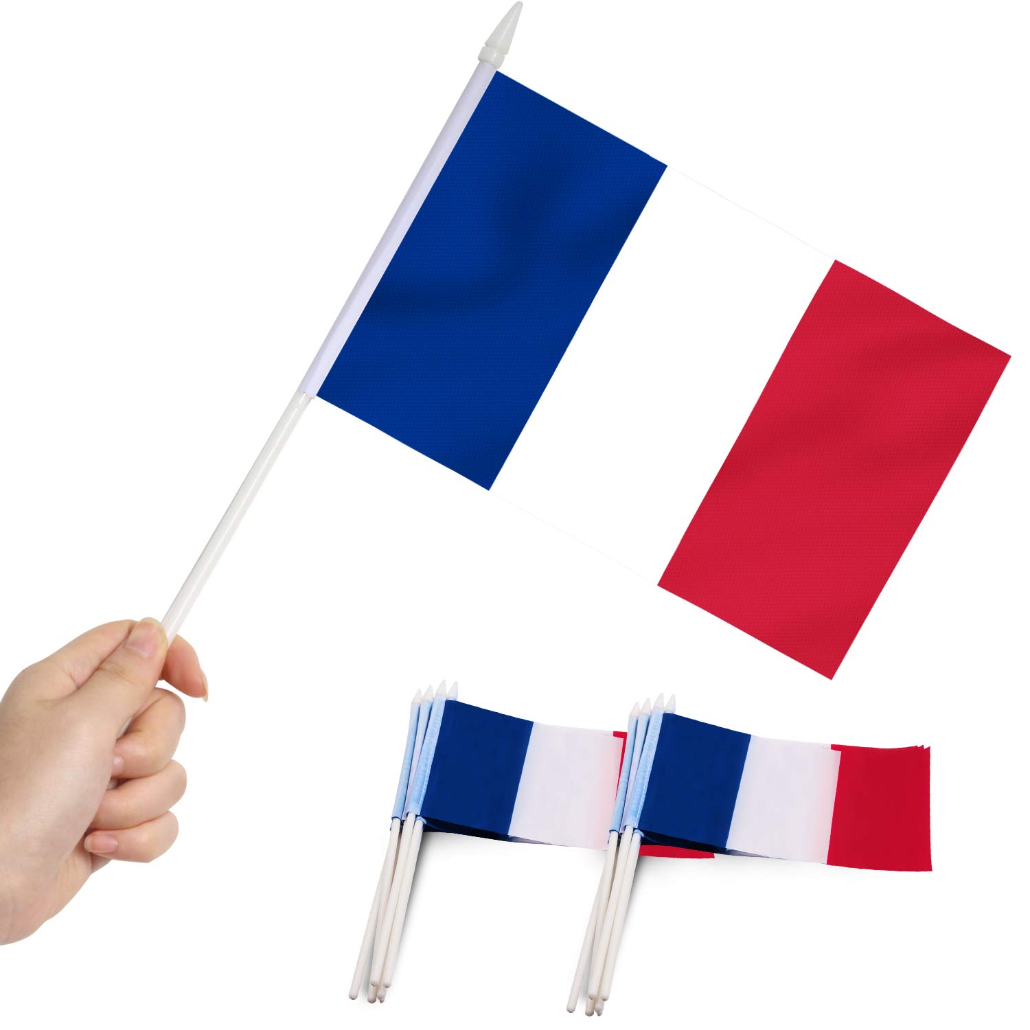 France Stick Flag, ANLEY French 5x8 inch (12 X 20cm) HandHeld Mini Flag With 12" (30cm) White Solid Pole - Vivid Color and Fade Resistant - 5 x 8 inch Hand Held Stick Flags With Spear Top (1 Dozen)…