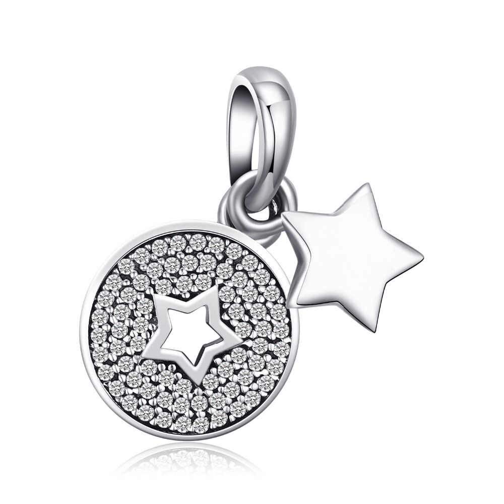 FeatherWish 925 Sterling Silver Lucky Stars Disc Pendant Dangle Charm With Cubic Zirconia Compatible With Pandora Bracelet