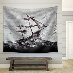 Illustration - Classic Boat Illustration, Sailing Boat in The Storm - Fabric Wall Tapestry Home Decor - 51x60 inches