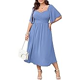 SHESTARR Women's Plus Size Midi Dress Sweetheart Neck Short Sleeve Wedding Guest Cocktail A Line Flowy Dress