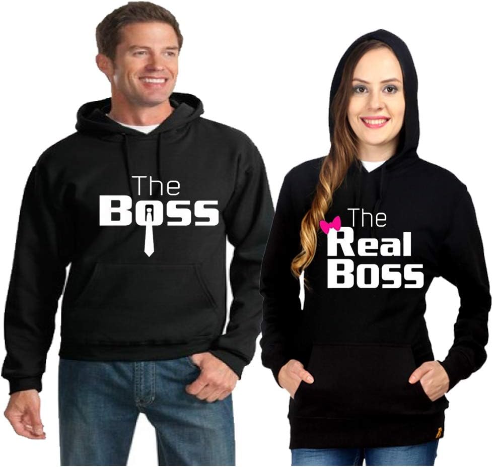 ADYK The Boss The Real BossPrinted Black Color Couple Sweatshirt