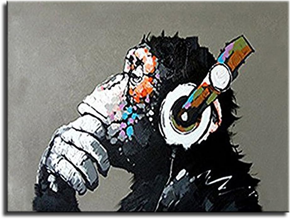Animal Painting Abstract Modern Wall Art for Living Room Chimp 100% Oil Paintings on Canvas Thinking Gorilla Artwork Large Wall Paintings Home Decor stretched ready to hang (24 x 16 inch)