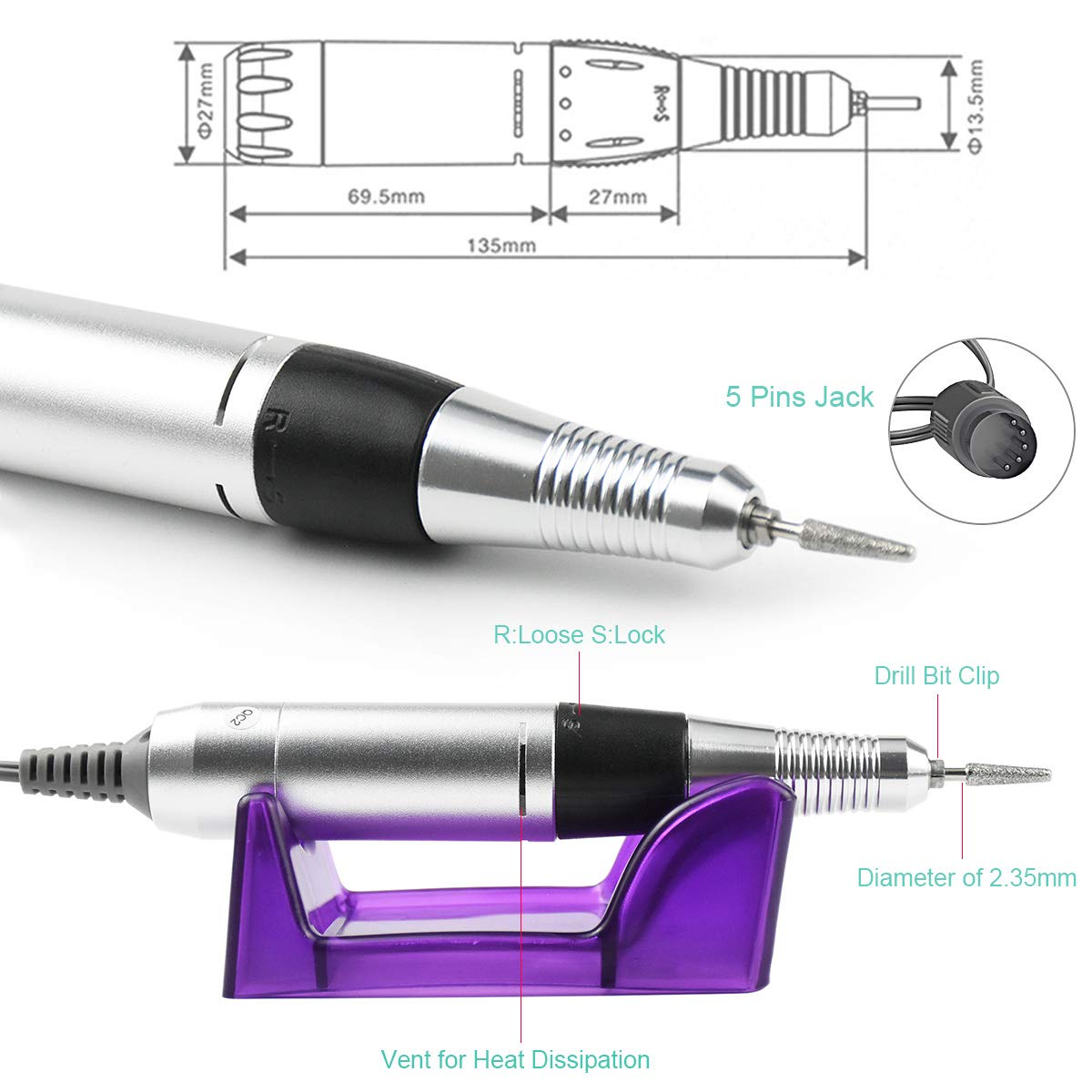 JEWHITENY Professional Nail Drill Machine 30,000RPM, Light Electric Acrylic Nail File Kits for Remove Nail Gel Polish, Manicure Machine Design for Home Salon Use, 110-240V(Black): Beauty