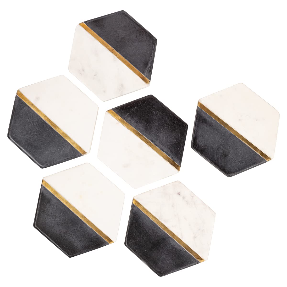 GoCraft Hexagon Marble Coasters - Set of 6 Handcrafted Modern Coasters - White & Black Marble with Gold Brass Inlay for Beverages & Wine/Bar Glasses
