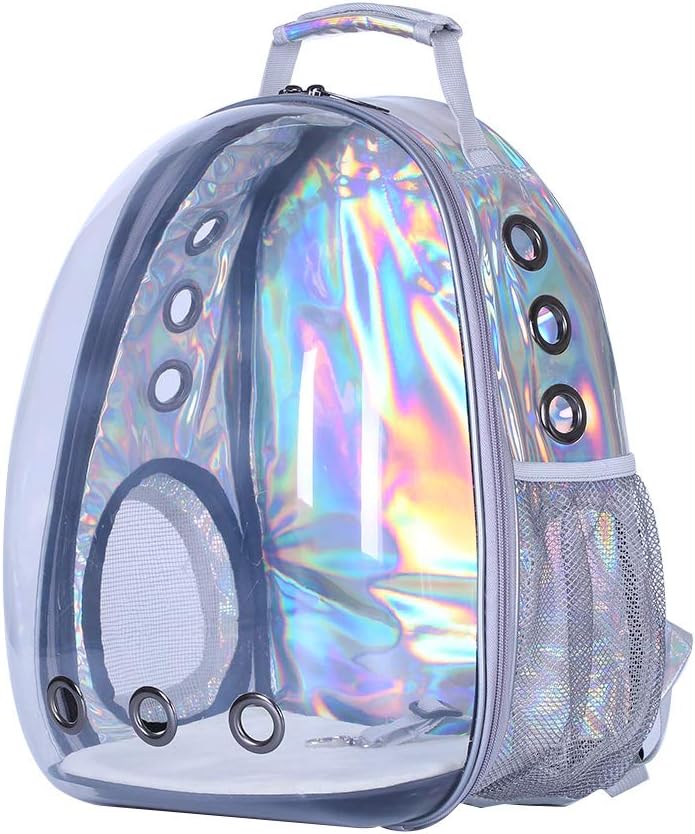 Kenrtuers Pet Cat Dog Puppy Carrier Holographic Breathable Astronaut Space Capsule Backpack Outdoor Travel Bag (Transparent)