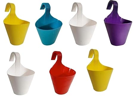 VARSHINE Unbreakable Hanging Vertical Hook Railing Flower Pots with Drainage for All House Plants (7 Inch) -Set of 7