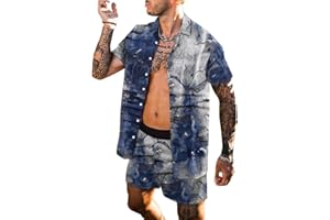BUYJYA Men's Flower Shirt Short 2 Piece Hawaiian Sets Casual Button Down Floral Tracksuit beach outfit