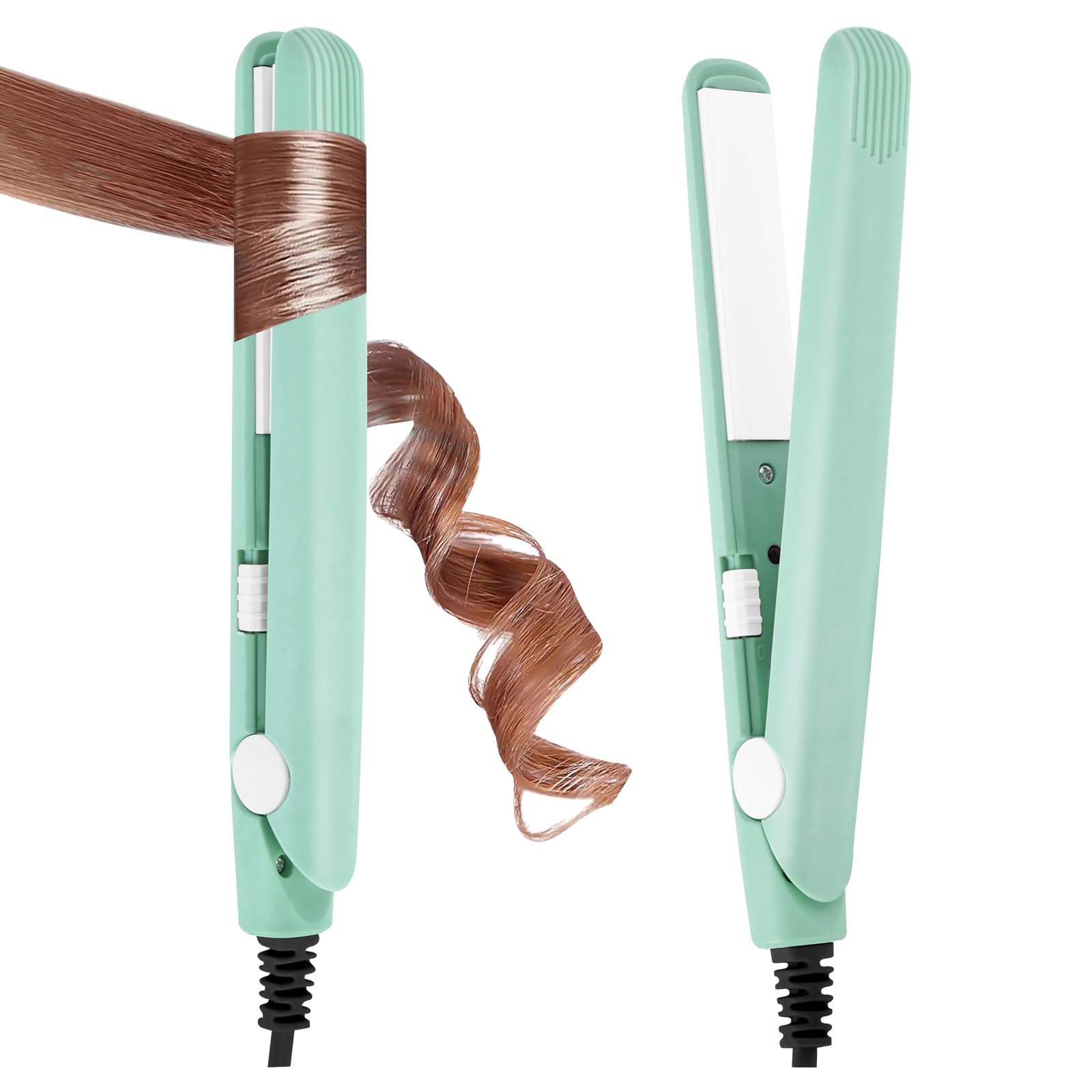 LOPHE Mini Ceramic Plate Hair Straightener, 10s Fast Heating Flat Irons Curling Iron Hair Portable Travel Curling Wand Upgraded Dual-use Hair Curler for Short and All-Hair Types (Green)