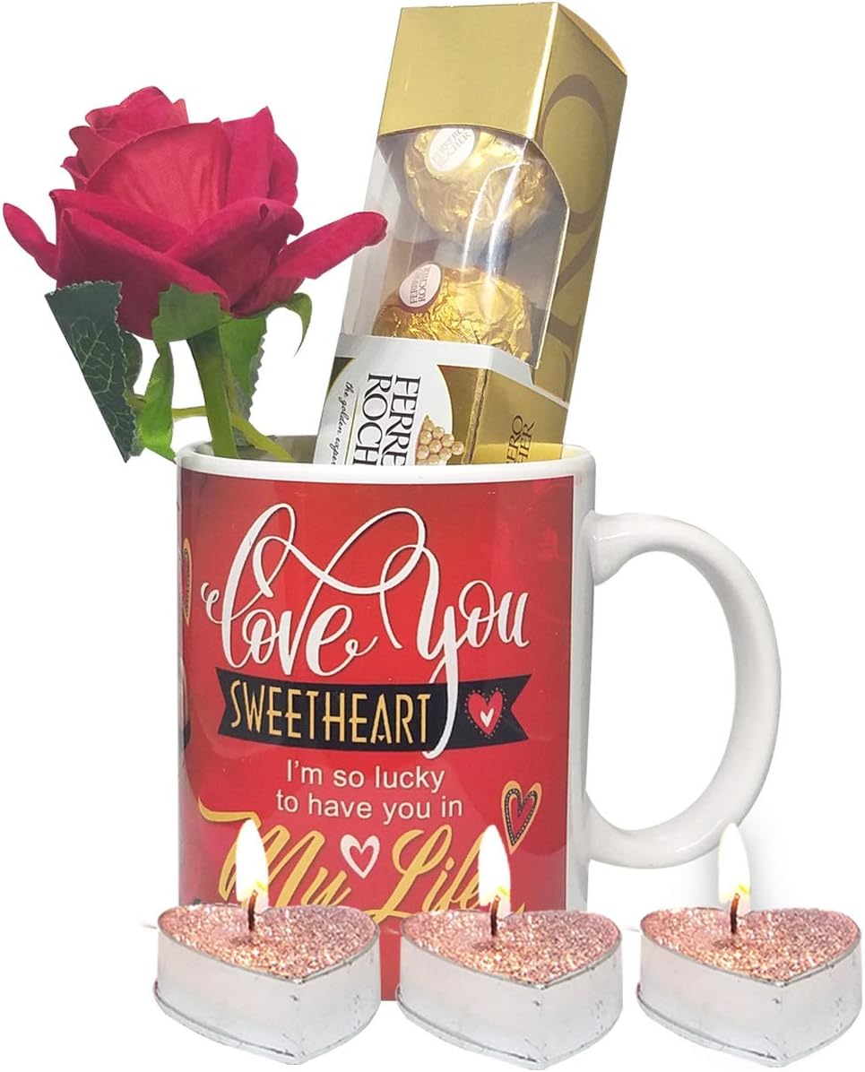 Saugat Traders Valentine's Day Chocolates Gift for Girlfriend - Coffee Mug, Decorative Candle & Ferrero Rocher Pack of 4 - Gift for Wife-Girlfriend-Fiancee