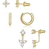 Gold Stud Earrings Jewelry Set - 3 Pairs 14K Gold Plated Earring Stacks Aretes, Huggie Jacket Hoops for Multiple Piercing,Hypoallergenic Lightweight Trendy Cartilage Ear Rings for Women Gifts for Her