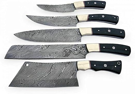 Amazon Com Saz 154 Custom Handmade Damascus Steel Chef Knives Buffalo Horn Handle Hand Forged Chef Kitchen Knife Set Lot Of 5 For Sale With Leather Sheath Twisted Pattern Blade Kitchen Dining