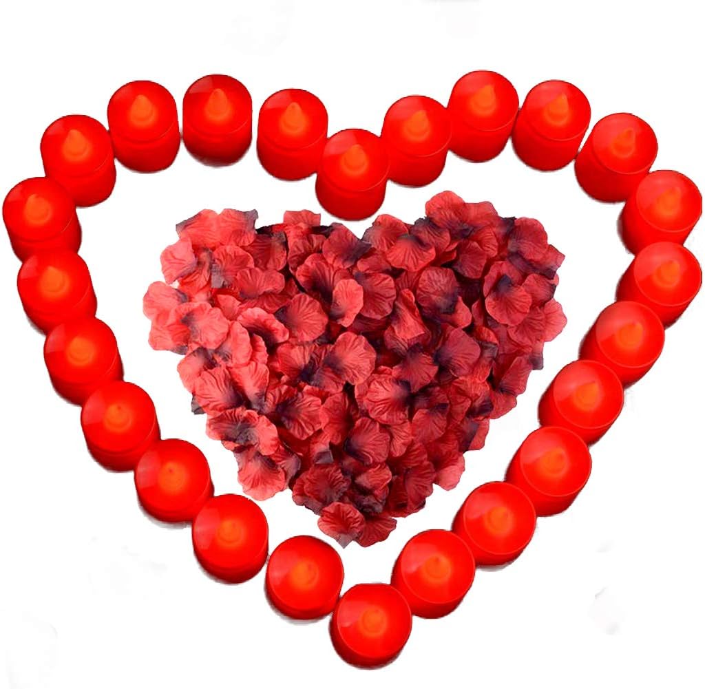 obmwang 24 Pack LED Tea Light Candles Realistic Flameless Tealight Candle and 1000 Pcs Artificial Dark Red Silk Rose Petals, Ideal for Valentine's Day, Honeymoon, Wedding and Festival Celebration