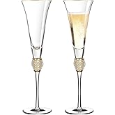 Patelai 2 Pieces Rhinestone Champagne Flutes Wedding Toasting Glasses 7 Oz Rim Diamond Wine Glasses Long Stem Glassware for Wedding, Parties, Anniversary Supplies (Gold)