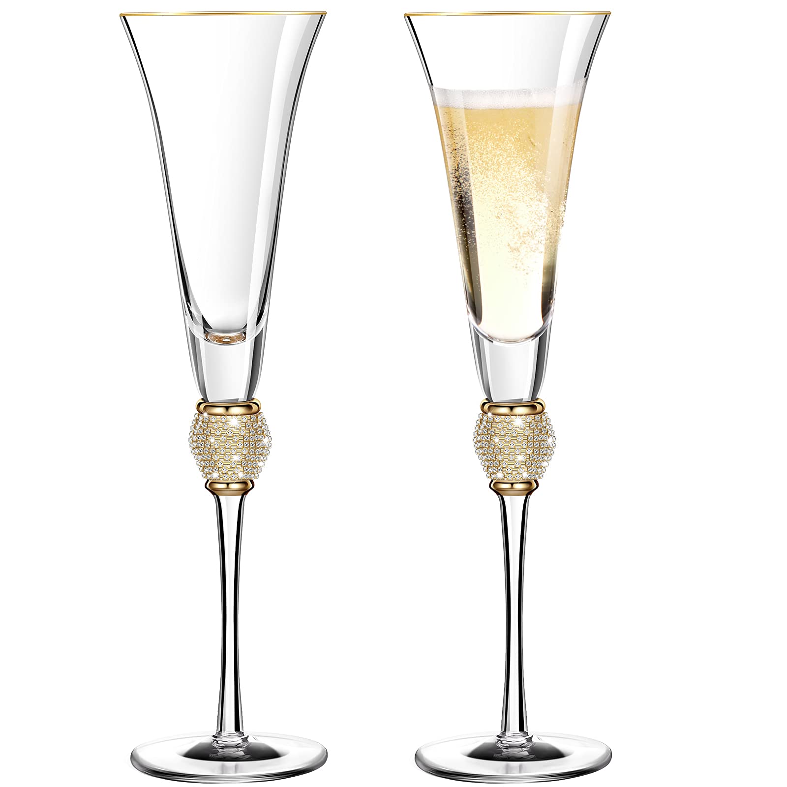 Photo 1 of 2 Pieces Rhinestone Champagne Flutes Wedding Toasting Glasses 7 Oz Rim Diamond Wine Glasses Long Stem Glassware for Wedding, Parties, Anniversary Supplies (Gold)