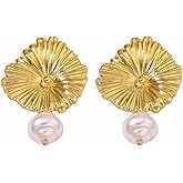 Jugielu Vintage Flower Pearl Drop Earrings Gold Floral Pearl Earrings Daisy Flower Dangle Earring Hammered Floral Earring Wedding Pearls Dangle Jewelry for Women