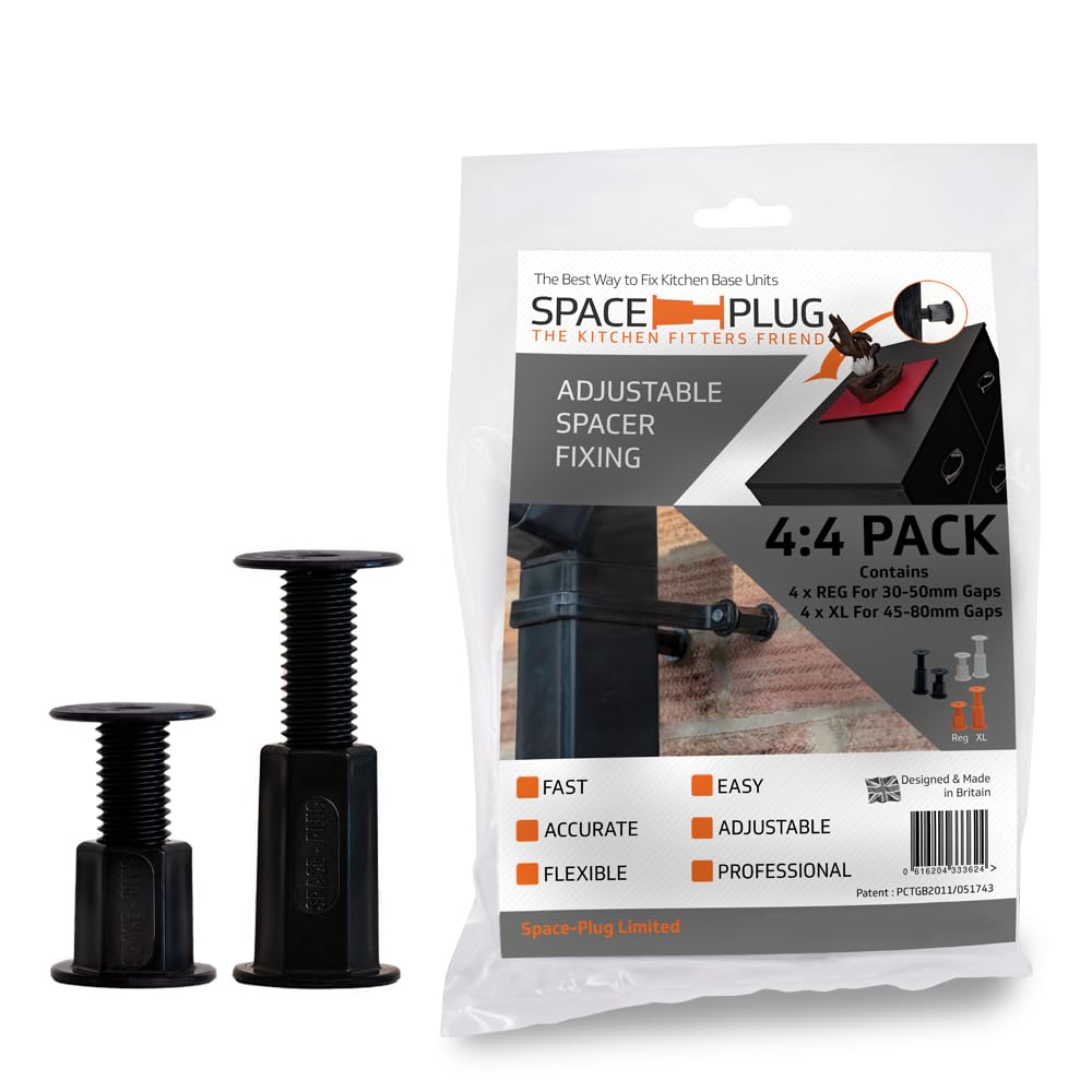 Space-Plug Adjustable Spacer Fixings 8 Pack of Black Spacers, (4 Regular size for 30-50mm gaps, 4 XL size for 45-80mm gaps), Professional & DIY use for kitchen, bedroom & bathroom installations