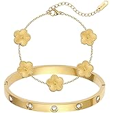 2Pcs 18K Gold Plated Clover Bracelet Set for Women Love Bangle Bracelet Adjustable Charm Stack Lucky Bracelets Cute Gold Bracelets Link Trendy Jewelry Gift for Birthday Christmas Valentine's Day