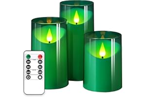 NURADA Flameless Candles: 3D Wick Battery Operated LED Pillar Acrylic Fake Candles with Remote and Timer for St. Patrick's Day Home Holiday Christmas Party Table Decor - 3 Pack Green