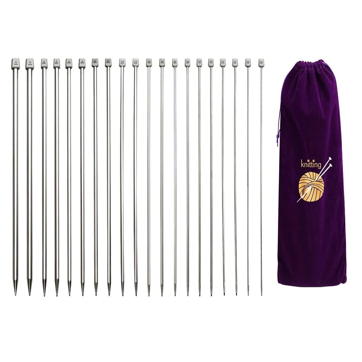 Mircube Knitting Needles, Straight Single Pointed Knitting Needles Kit, 22 Pcs Metal Short Knitting Pins and Handy Storage Bag