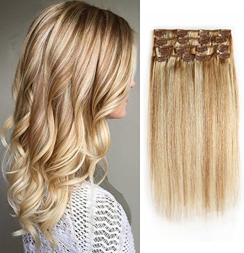 22" 7pcs Clip in Hair Extensions Real Human Hair Extensions 100g Clip On For Fine Hair Full Head Silky Straight Weft Remy Hair #27/613 Dark blonde mixed with light blonde