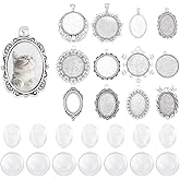 CRAFTYMELODY 24 Sets Pendant Trays 12 Style Vintage Bezel Pendant Trays Blanks Base Oval Round Settings with 24Pcs Glass Cabochons Memorial Photo Charms for Jewelry Making Accessory Supply DIY Crafts