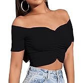 LYANER Women's Off Shoulder Ruched Short Sleeve Rib Knit Sexy Crop Top Blouse