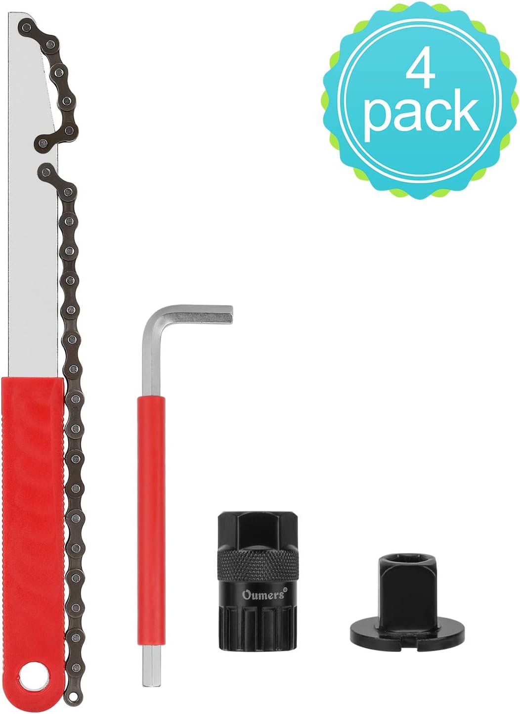 Oumers Bicycle Chain Whip Tool Kit, Bike Cassette Removal Tool with Chain Whip + Auxiliary Wrench + Cassette Lockring Tool + Sprocket Remover - Red